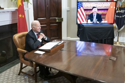 President Joe Biden speaks during a virtual summit with Chinese President Xi Jinping in the Roosevelt Room of the White House in Washington DC on Monday, November 15, 2021.
