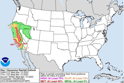 Mapa que muestra el paso de un río atmosférico en California el 15 de marzo