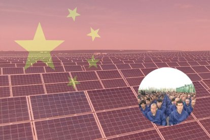 Un camp de paneles solares con una bandera de China y una pequeña imagen de los campos de internamiento de Sinkiang.