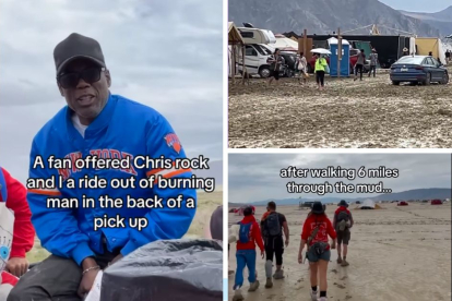 Chris Rock abandonando el Burning Man Festival en una pick up, junto al estado del recinto y gente andando por el barro.