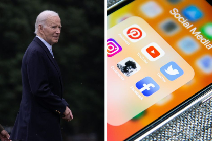 Joe Biden llegando a la Casa Blanca. Imagen de un teléfono con las aplicaciones de varias redes sociales.