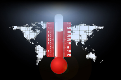 Mapa mundial con un termómetro registrando altas temperaturas.