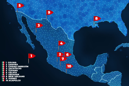 Mapa de las diez ciudades con mayor tasa de homicidios en 2022.