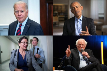 Collage con líderes demócratas que opinaron sobre la guerra en Israel. El presidente Joe Biden, el expresidente Barack Obama, la congresista Rashida Tlaib y el senador Bernie Sanders.