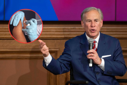 El gobernador de Texas Gregg Abbott hablando, micrófono en mano. Al lado, un recuadro donde se puede ver un brazo recibiendo una vacuna.