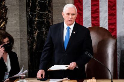 Former Vice President Mike Pence presides over a joint session of Congress to certify the 2020 Electoral College results on Capitol Hill in Washington, DC, Jan. 6, 2020, prior to the storming of Capitol Hill.