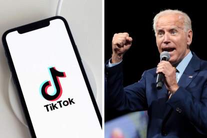 Joe Biden durante un mitin. Imagen del logotipo de TikTok en un teléfono móvil.