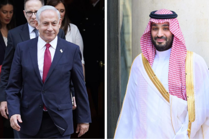 Mohammed bin Salman y Netanyahu saliendo de reuniones en Paris y Londres, respectivamente.