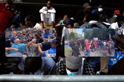 Fotomontaje con inmigrantes en las calles de NY e imágenes de las manifestación frente a Gracie Mansion.