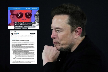 Imagen de archivo de Elon Musk, junto con una captura de pantalla del artículo de Media Matters en que la organización acusa a X y otra de la publicación de Musk en la que asegura que demandará a Media Matters.