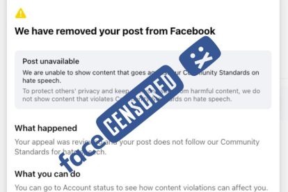 Imagen del mensaje que Facebook envió a Billy Hallowell informándole de que habían censurado su publicación en la red social.