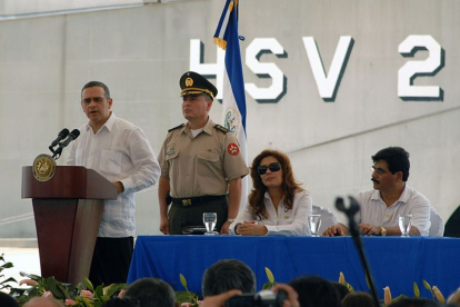 El Salvador President Don Mauricio Funes speaks during a ceremony to commemorate the grand opening of a new pier at La Union Port.