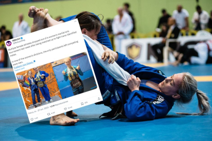 Imagen de una competición de jiu-jitsu brasileño junto con el post de Redduxx con dos trans copando las medallas.