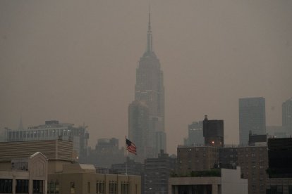 The Empire State Building is obscured by smoke from Canadian wildfires hanging over New York, prompting concerns about air quality on June 6, 2023 in New York.