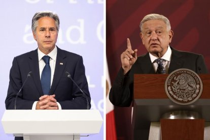 Composición con dos imágenes de archivo, una del secretario de Estado norteamericano, Antony Blinken, y la otra del presidente mexicano Andrés Manuel López Obrador.