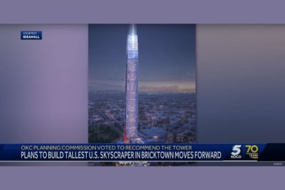 Captura de pantalla con una imagen del proyecto para construir la Legends Tower, el nuevo rascacielos de Oklahoma City que, cuando esté construido, se convertirá en el edificio más alto del país.