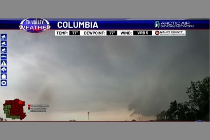 Captura de pantalla con una imagen de las tormentas y tornados que pasaron por Columbia el miércoles, 8 de mayo de 2024.