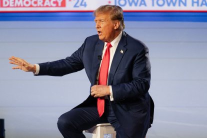 Former President Donald Trump gestures while speaking on stage during a Fox News Iowa Town Hall at the Iowa Events Center on January 10, 2024 in Des Moines, Iowa. (Photo by Jon Cherry/Sipa USA)
