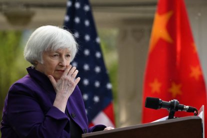 US Treasury Secretary Janet Yellen attends a press conference at US Ambassador’s residence in Beijing on April 8, 2024. (Photo by Pedro Pardo / AFP)