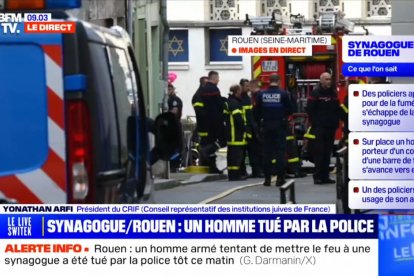 Policías y bomberos, junto a la sinagoga que un hombre intentó quemar en Rouen