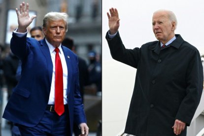 Esta combinación de imágenes muestra al expresidente Donald Trump en la ciudad de Nueva York y al presidente estadounidense Joe Biden en Maryland