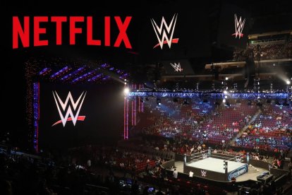 Montaje realizado por Voz Media de un estadio de la WWE con el logo de Netflix. La plataforma en streaming emitirá a partir de enero de 2025 el icónico programa deportivo 'WWE Raw'.
