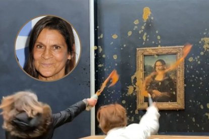 Composición con una imagen de archivo de la millonaria filántropa Aileen Getty y el momento en que dos activistas ecologistas tiran sopa a el cuadro de La Mona Lisa