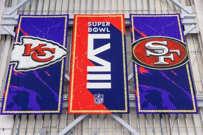 Banners on display during team arrivals ahead of the NFL Super Bowl 58 football game between the San Francisco 49ers and the Kansas City Chiefs in Las Vegas, Nevada on February 4, 2024.