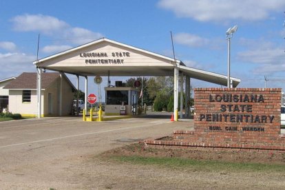The entrance to the Louisiana State Penitentiary - The placard says "Louisiana State Penitentiary" and "Warden Burl Cain"