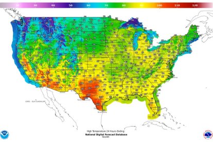 Mapa proporcionado por el Servicio Meteorológico Nacional con las temperaturas máximas que se registrarán en Estados Unidos este martes, 4 de junio, en plena ola de calor.