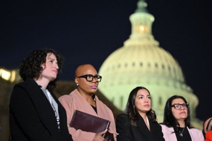 Congresswomen Ayanna Pressley, Alexandria Ocasio-Cortez and Rashida Tlaib at a rally in 2023 to call for a ceasefire in the Gaza war.