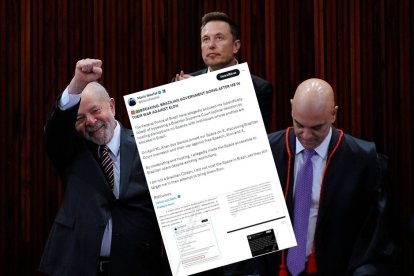 Montaje con Elon Musk, Lula da Silva y Alxandre de Moraes junto a un post de Mario Nawfal.