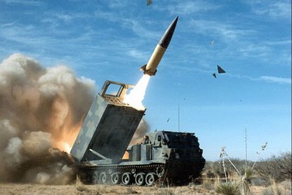 An ATACMS missile launched from an M270 MLRS