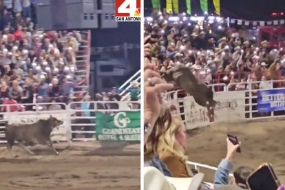 Captura de pantalla de un video de News 4 San Antonio que muestra el momento en que un toro se escapa de un rodeo en Oregón.