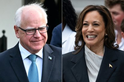 (COMBO) This combination of pictures created on August 2, 2024, shows US Vice President Kamala Harris in Washington, DC on July 22, 2024, and Governor of Minnesota Tim Walz in Washington, DC, July 3, 2024. - Harris named Walz as her running mate on August 6, 2024, US media reported, as the vice president prepares to take on Republican Donald Trump in November's US election. (Photo by Jim WATSON and Chris Kleponis / AFP)