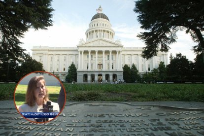 Recorte de Gloria Romero frente al Capitolio de California