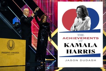 Montaje con la portada del libro 'Los logros de Kamala Harris' junto a Joe Biden y la vicepresidente durante la gala de los Phoenix Awards..