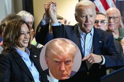 Elecciones Presidenciales 2024 | Harris y Biden en un acto con una foto del mugshot de Trump.