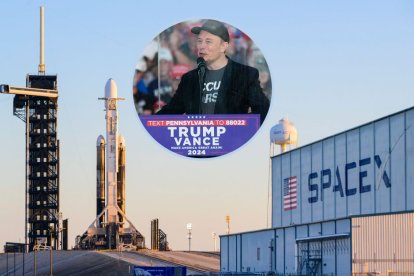 SpaceX: montaje de una nave espacial de SpaceX preparada para despegar en Florida y una fotografía de Elon Musk dando un discurso a favor de Donald Trump.