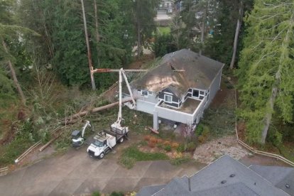 Árboles caídos sobre una vivienda en Lake Stevens, Washington State, tras el paso de un 'ciclón bomba'.