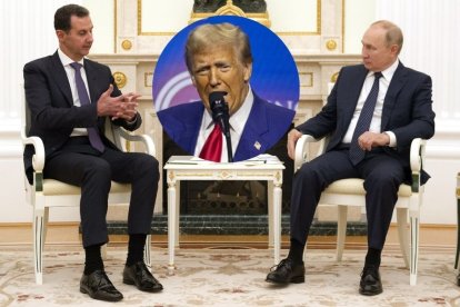 Montaje con el rostro de Trump sobre una reunión Asad-Putin