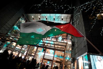 Activists fly a Palestinian flag as they demonstrate during the New York Times DealBook Summit on November 29, 2023. AFP