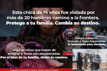 Varios de los carteles de Texas para prevenir la inmigración ilegal en México y Centroamérica junto a un momento de la rueda de prensa de Abbott