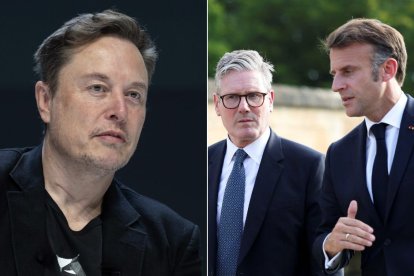 Montaje de Elon Musk y los mandatarios europeos Keir Starmer y Emmanuel Macron