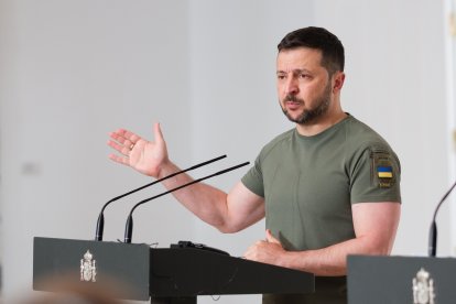 El presidente ucraniano, Volodimir Zelenski, se reúne con el presidente del Gobierno, Pedro Sánchez, en el Palacio de la Moncloa, el 27 de mayo de 2024, en Madrid, España.