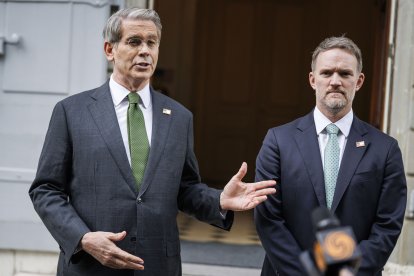 US Treasury Secretary Scott Bessent (L) and US Trade Representative Jamieson Greer speak to the media after talks between seniors US and Chinese officials on tariffs at the residence of the permanent Swiss ambassador to the United Nations in Geneva on May 11, 2025. US officials voiced optimism on May 11, at the end of a weekend of trade talks with China aimed to de-escalate trade tensions sparked by President Donald Trump's aggressive tariff rollout. (Photo by VALENTIN FLAURAUD / AFP)