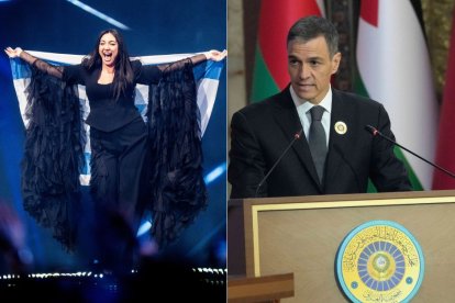La artista israelí Yuval Raphael, en Eurovisión 2025, y Pedro Sánchez
