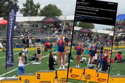 Reese Hogan, en el primer cajón del podio junto al post de Riley Gaines en el que se ve al deportista trans AB Hernández celebra su victoria.