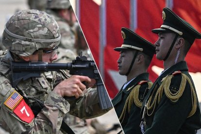 Un soldado estadounidense, en un entrenamiento. Dos soldados chinos, en un desfile