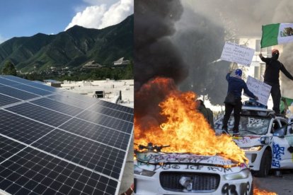 Montaje con paneles solares y disturbios contra el ICE en LA